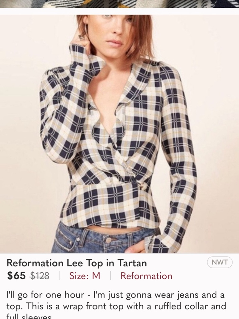 Reformation Lee Plaid Wrap Blouse in Navy & Cream